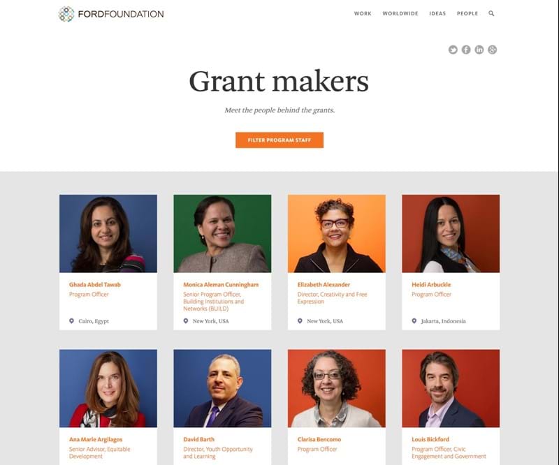 Screen capture of grantmakers page
