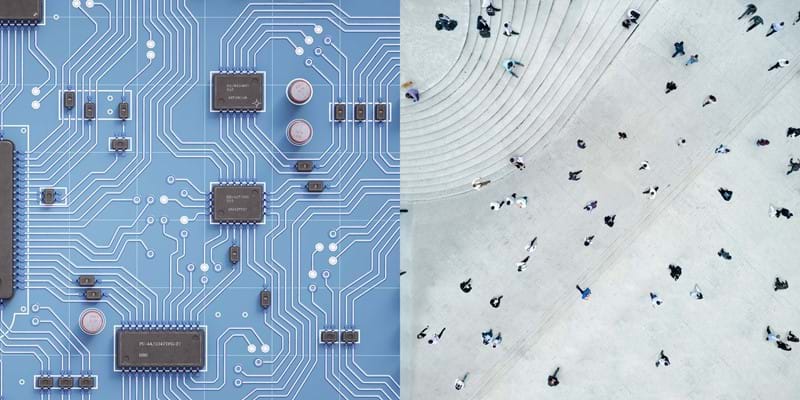 Juxtaposition of circuit board and aerial view of people