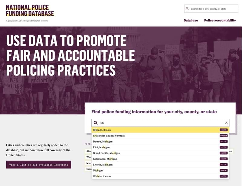 National Police Funding Database homepage showing predictive search