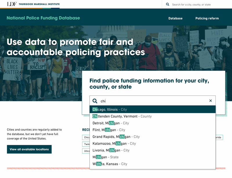 National Police Funding Database homepage showing predictive search